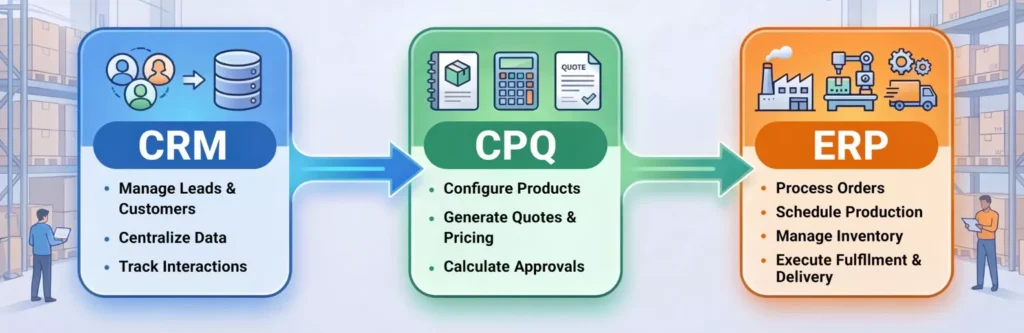 Graphic Showing How CRMs, CPQs, and ERPs All Connect
