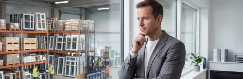 Manager Thinking in His Office Overlooking Window Warehouse Floor - Hero Image - 1536x500