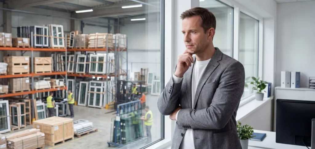 Manager Thinking in His Office Overlooking Window Warehouse Floor - Thumbnail Image - 2200x1045