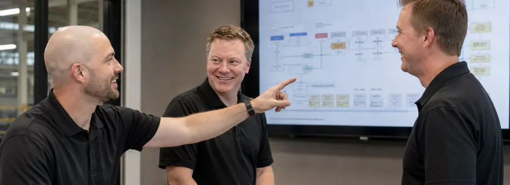 Paradigm Omni - CPQ vs Platform - Three Sales People Reviewing a CPQ Plan