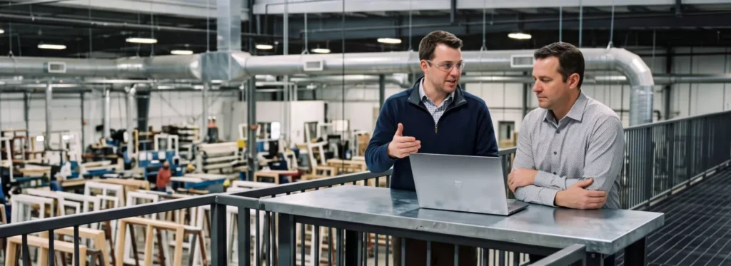 Paradigm - Two Men Talking on Mezzanine of Window Factory - Hero - 1538x560