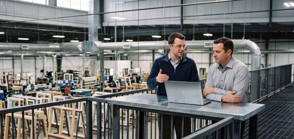 Paradigm - Two Men Talking on Mezzanine of Window Factory - Thumbnail - 2200x1045