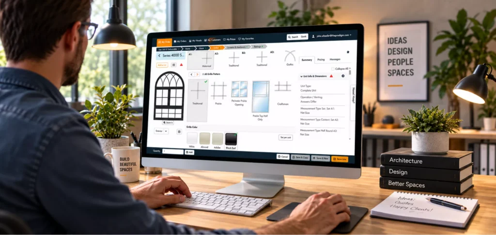 Manufacturer using Paradigm Omni window configuration software on a desktop computer in a modern workspace, customizing arched window designs, grille patterns, and colors.