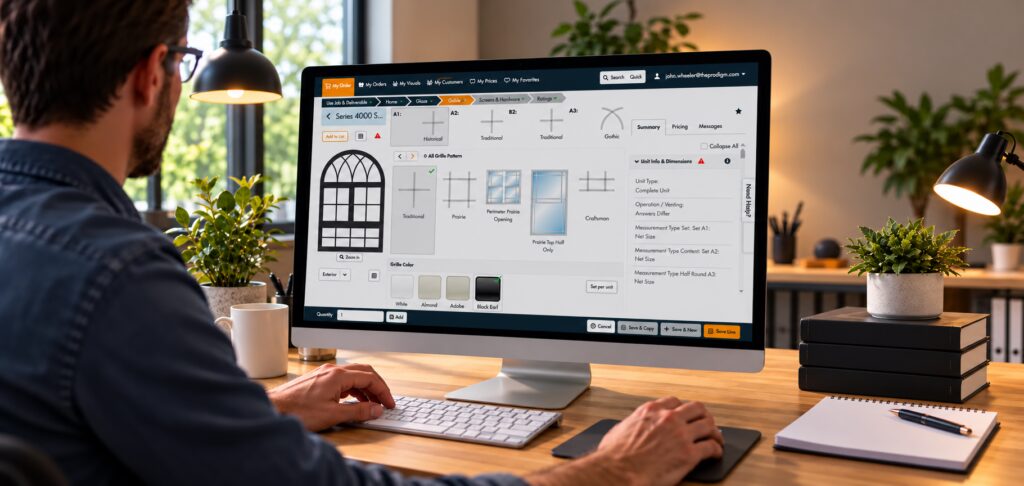Manufacturer using Paradigm Omni window configuration software on a desktop computer.